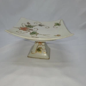 Vtg MCM Small Cake Stand Pedestal Plate Hand Painted Leaves Grapes Butterflies - Picture 1 of 20