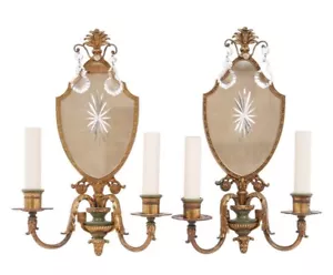 Pair Of 1920’s French Style Brass & Etched Mirrored Sconces W/Crystals - Picture 1 of 11