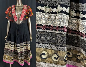 Vintage Czech Kroj Folk Costume Black Wool Embroidered Lace Trim Peasant Dress - Picture 1 of 4