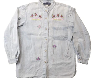 Vtg Norton McNaughton 80s Denim Long Sleeve Button down Woman shirt HUMMINGBIRDS - Picture 1 of 13