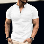 Mens Solid Henley Shirts Short Sleeve Muscle Slim Fit Sports Casual T Shirt Tops