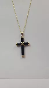 Onyx 14kt Yellow Gold Cross Pendant w .925 silver gold tone 18" chain VAL$260 - Picture 1 of 2