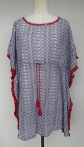 Sorbetto accessori cotton coastal style swimwear coverup blue & white red fringe - Picture 1 of 10
