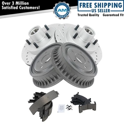 Performance Brake Drilled & Slotted Rotor Ceramic Pad Drum Shoe Front & Rear Kit Foto 1 de 4