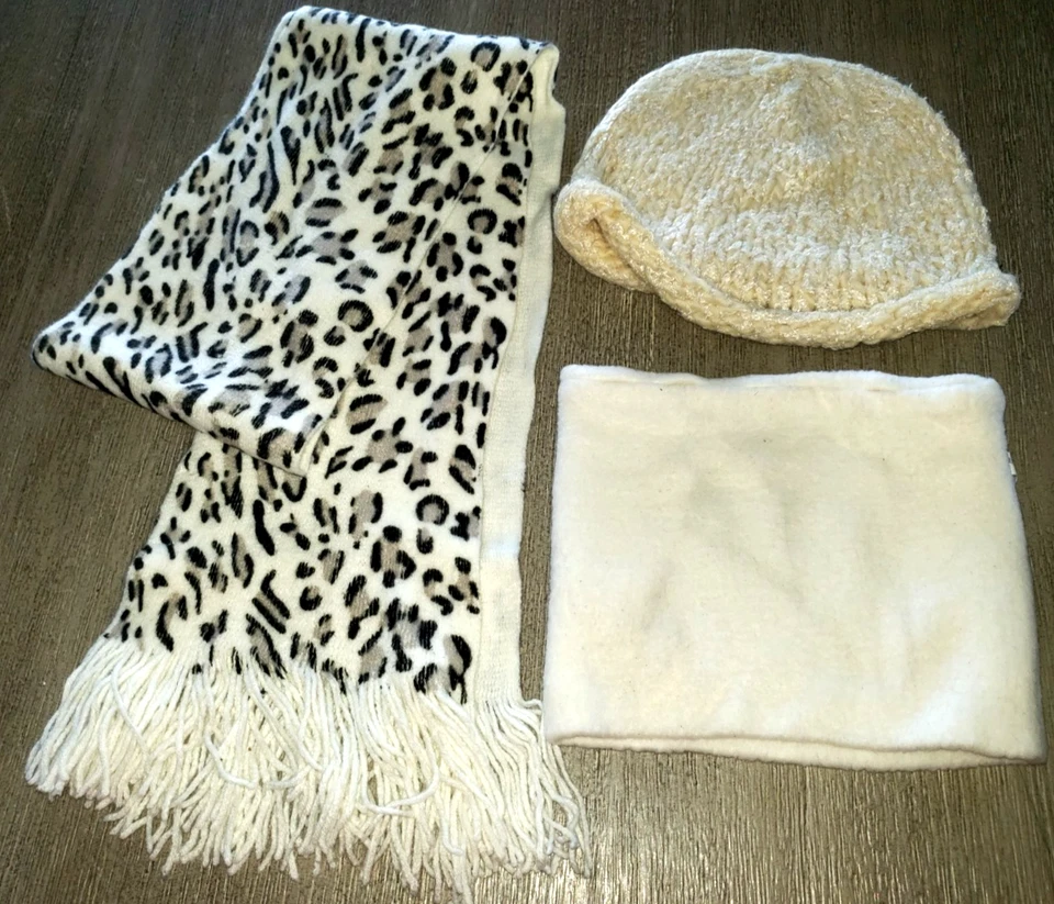 NUEVA YORK & CO BUFANDA ESTAMPADO LEOPARDO SERIO POLAR CUELLO CALENTADOR CREMA TEJIDO SOMBRERO CÁLIDO Foto 1 de 1