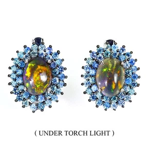 925 Sterling Silver Earrings Oval Black Opal Sapphire Natural Gemstone Jewelry - Picture 1 of 13
