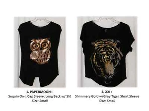Black T w/ Sequin Owl by Papermoon or Gold / Gray Tiger by Forever 21 Size Small - Picture 1 of 5