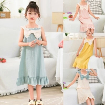 Kid Girls Child Nightdress Cotton Pajamas Ruffle Dress Sleepwear Sleeveless Cute - Image 1 of 4