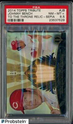 2014 Topps Tribute To The Throne Sepia Johnny Bench HOF GU Bat 22/35 PSA 8.5 - Image 1 of 2