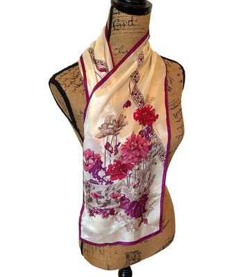 VTG Oscar De La Renta 100% Silk Scarf 51" Purple Pink Floral Art Designer Japan - Image 1 of 4