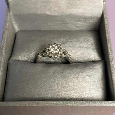 Zales Diamond Floral Cluster Twist Engagement Promise Size 7 Ring 10k White Gold - Image 1 of 4