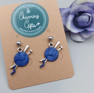 Blue Knitting Wool Stud Earrings – Cute Knitter Gift for Her - Picture 1 of 36