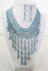 DESIGNER INSPIRED BLUE CRYSTAL BEAD HANDMADE NECKLACE EARRINGS JEWELRY SET NEW - Picture 1 of 6