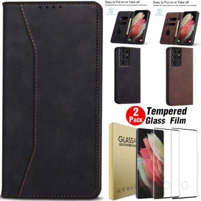 For Samsung Galaxy S21/Plus/Ultra/FE Leather Magnetic Case Cover Tempered Glass - Image 1 of 4