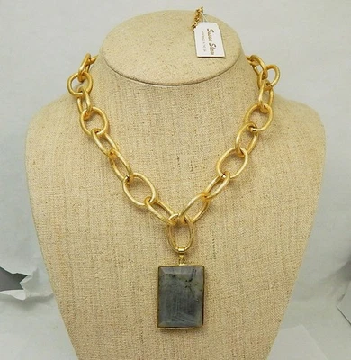 Collar Colgante Susan Shaw Piedra Gris Ovalado Tono Dorado Eslabones Envío Gratis Foto 1 de 4