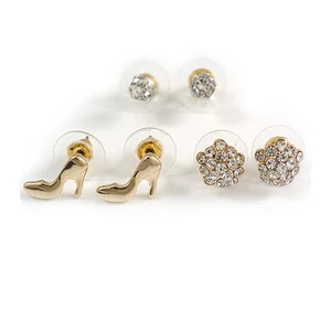 Gilded Elegance Crystal & Shoe Stud Set - Set of 3 Pairs - Picture 1 of 6