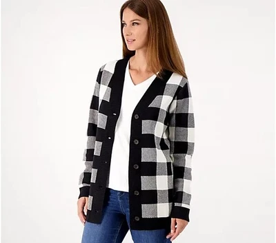 Denim & Co. Cárdigan a Cuadros Cuello en V Botón Delantero Negro Blanco L Nuevo Foto 1 de 2