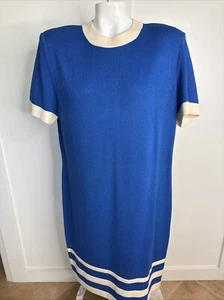 ST. JOHN Collection Size 12 Crew Neck Shift Dress Santana Knit Blue & Cream - Picture 1 of 7