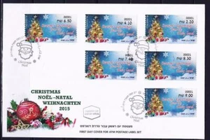 ISRAEL STAMP 2015 CHRISTMAS TREE NOEL 6 ATM MACHINE # 001 LABEL ON FDC - Picture 1 of 1