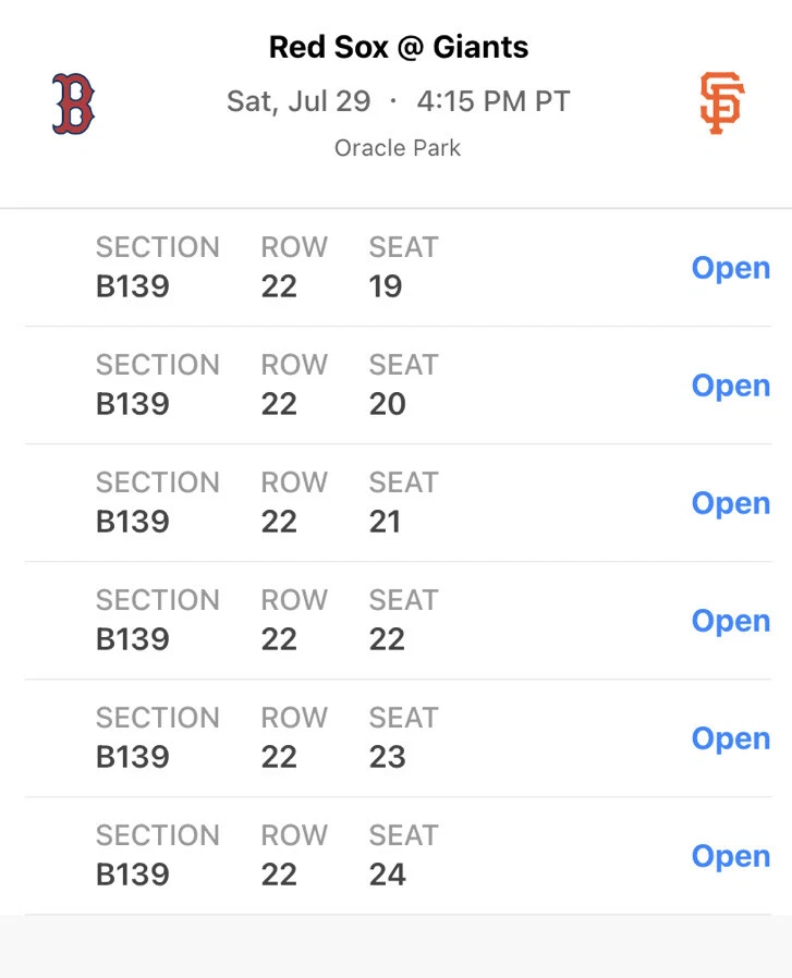 Up To 6 Boston Red Sox @ SF Giants MLB Bleacher Tickets Sat July 29th 2023 - Image 1 of 1