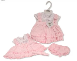 Baby Girls Pinafore Dress Pants Headband Set ~ Lace Frilly Dress ~ NB-6M Pink - Picture 1 of 3