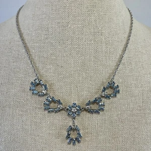 925 Star Art Sterling Silver Necklace Blue Clear Rhinestone Baguettes Flower - Picture 1 of 10