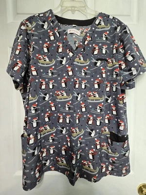 WHITE CROSS Scrub Top size XL-CHRISTMAS Penguin/Santa Hats-Chest 27"/L 28.5" - Image 1 of 4