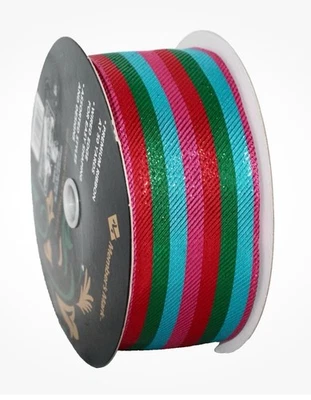 MEMBERS MARK Premium Wired Christmas Ribbon Multicolor Metallic Striped 2.5" - Image 1 of 3
