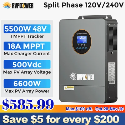5.5KW Solar Hybrid Inverter 48V DC-120V/220V AC Split Phase Off-Grid Pure Sine - Image 1 of 4