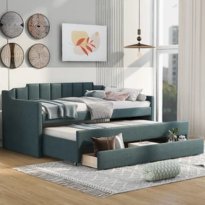 Green Twin Size Upholstered Daybed with Trundle and 3 Storage Drawers – Sofa Bed - Picture 1 of 12