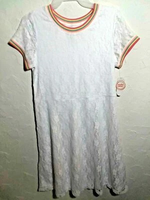 Wonder Nation Girls Size L PLUS, XL, XXL  PREMIUM WHITE LACE DRESS-RAINBOW TRIM - Image 1 of 2