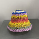 Lady Rainbow Striped Crocheting Straw Sunhat Bucket Boonie Cap Beach Foldable