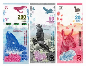 Argentina 20-50-200 Pesos (3 Pcs Set), P-New llama Condor Ballena UNC - Picture 1 of 2
