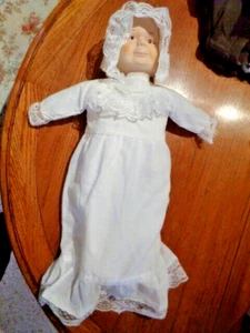 Puppe Baby 3 Gesichter von Eva traurig glücklich schlafen Porzellan Kopf Knopf Tuch Körper Vintage - Bild 1 von 14