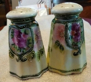 Antiguo juego de coctelera de sal y pimienta de porcelana Moriage Nippon pintado a mano floral - Imagen 1 de 5