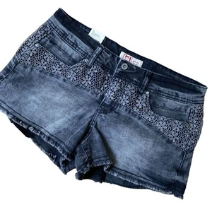 L.E.I. Ashley Lowrise Damen Junior Jeansshorts 9 neu mit Etikett schwarz gehäkelt Y2K Boho - Bild 1 von 12