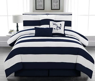 7 pcs Microfiber Nautical Comforter set Navy Blue Striped Twin Full Queen King