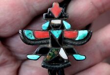 1930's Old Pawn Zuni Sterling Silver & Turquoise Stone Coral KNIFEWING Bolo Tie