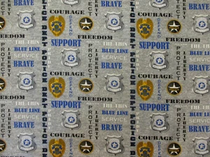 POLICE SHERIFF BADGES SUPPORT HONOR SEAL BADGE GRAY COTTON FABRIC FQ - Picture 1 of 6