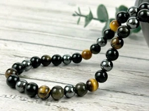 Black Onyx, Hematite & Tiger's Eye 3 Smooth Round Gemstone 18" Beaded Necklace - Picture 1 of 12