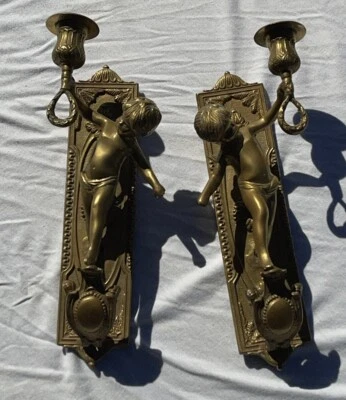 Antique French Pair of Solid Bronze Wall Sconces with Putti Angels - Image 1 of 4