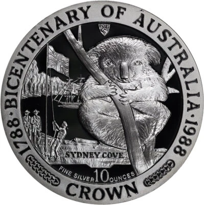 Moneda BU 1988 Isla de Man Corona Bicentenario de Australia Koala 10 oz plata .999 Foto 1 de 2