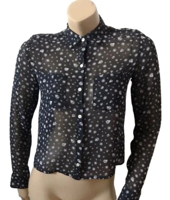 AEROPOSTALE Womens Size Small Sheer Diamond Print Cropped Button Front Shirt  - Image 1 of 4