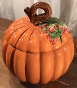 Ceramic Pumpkin With Autumn Leaves Stem Handle FTD Cookie Candy Jar 7” Tall - Picture 1 of 11