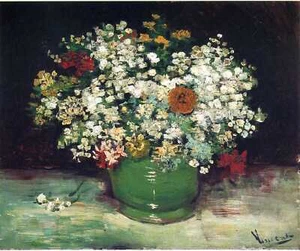 Oil Painting repro Vincent van Gogh: Vase with Zinnias and Other Flowers - Picture 1 of 1