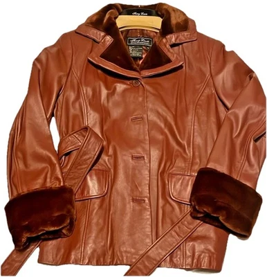 Terry Lewis Luxuries Women’s Brown Lamb Leather Jacket w/Belt & Fur Trim Size M - Image 1 of 4