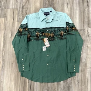 Panhandle Shirt Men’s Large Green Blue Buffalo Border AOP Wester Pearl Snap NWT - Picture 1 of 10