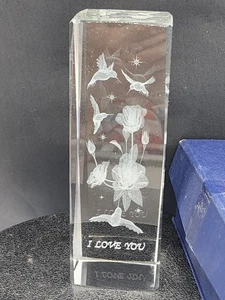 Hummingbirds I Love You 3D Laser Etched Crystal Glass Cube Paperweight 6”x 2”x2” - Picture 1 of 6