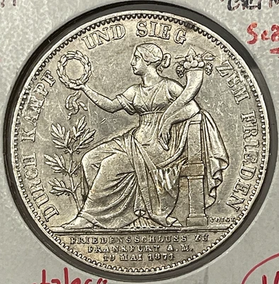 1871 Bavaria Germany One 1 Thaler Siegestaler AU Scarce! - Image 1 of 2