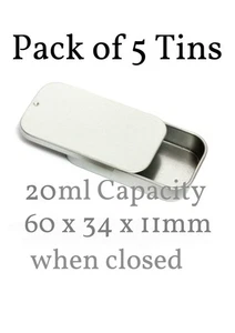 5 x Small Tins. 20ml. With Sliding Lid 60 x 34 x 11mm. Mini Tins. - Picture 1 of 3